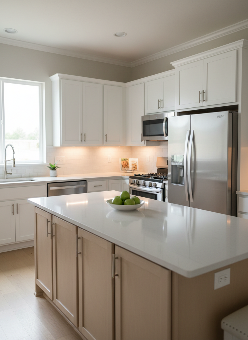 A bright, neutral kitchen in a southwest Oklahoma home, with white shaker-style cabinets, brushed nickel hardware, and pale gray quartz countertops. A central island with a light wood base anchors the space, while stainless steel appliances reflect soft, diffused under-cabinet lighting. Natural light pours in from a nearby window, highlighting the subtle texture of the subway tile backsplash and the gentle sheen on the faucet. Shot from an eye-level angle that captures both the island and surrounding cabinets, the composition is clean and uncluttered, with sharp focus and balanced lines. The atmosphere feels fresh, move-in ready, and professionally staged, ideal for showcasing modern, energy-efficient homes in photographic realism.