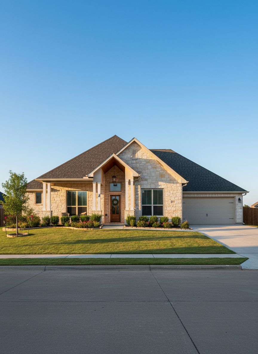 A beautifully maintained single-family home in southwest Oklahoma, with pale sandstone brick, a dark charcoal shingle roof, and a welcoming covered front porch. The house sits on a neatly edged green lawn with a clean concrete driveway leading to a two-car garage. Soft late-afternoon natural light creates gentle highlights along the brick texture and casts long, inviting shadows across the yard. The sky is clear and blue, hinting at a warm day. Photographed at eye level from the street with sharp focus throughout, the composition follows the rule of thirds, emphasizing curb appeal and a calm, professional, trustworthy mood in clean photographic realism.