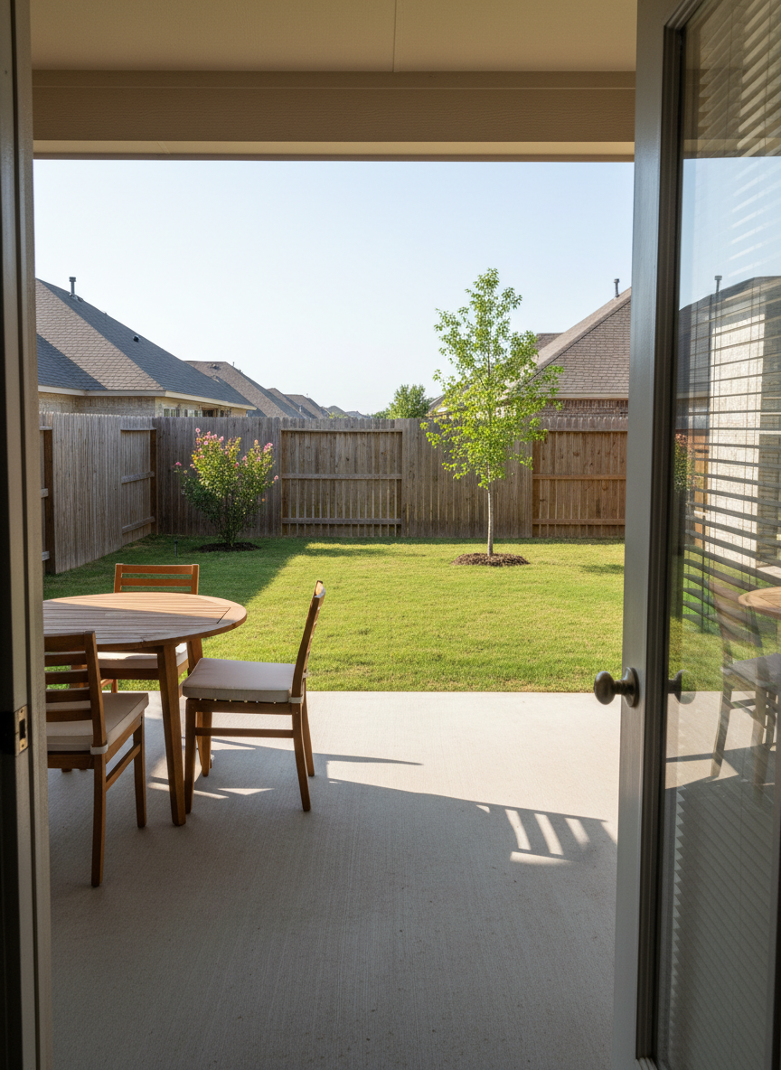 A sunlit backyard of a southwest Oklahoma property, featuring a covered patio with a clean concrete slab, a simple outdoor dining set, and a well-maintained fenced yard stretching into the distance. The grass is healthy and green, bordered by a few small shrubs and a young tree, with neighboring rooftops just visible beyond a wooden privacy fence. The mid-morning sunlight is bright but soft, creating crisp, natural colors and light shadows around the furniture and fence line. Photographed from the back door looking outward at eye level, the composition invites viewers to imagine outdoor living and gatherings. The mood is relaxed, family-friendly, and aspirational, rendered in clear, sharp photographic realism suitable for a property listing.