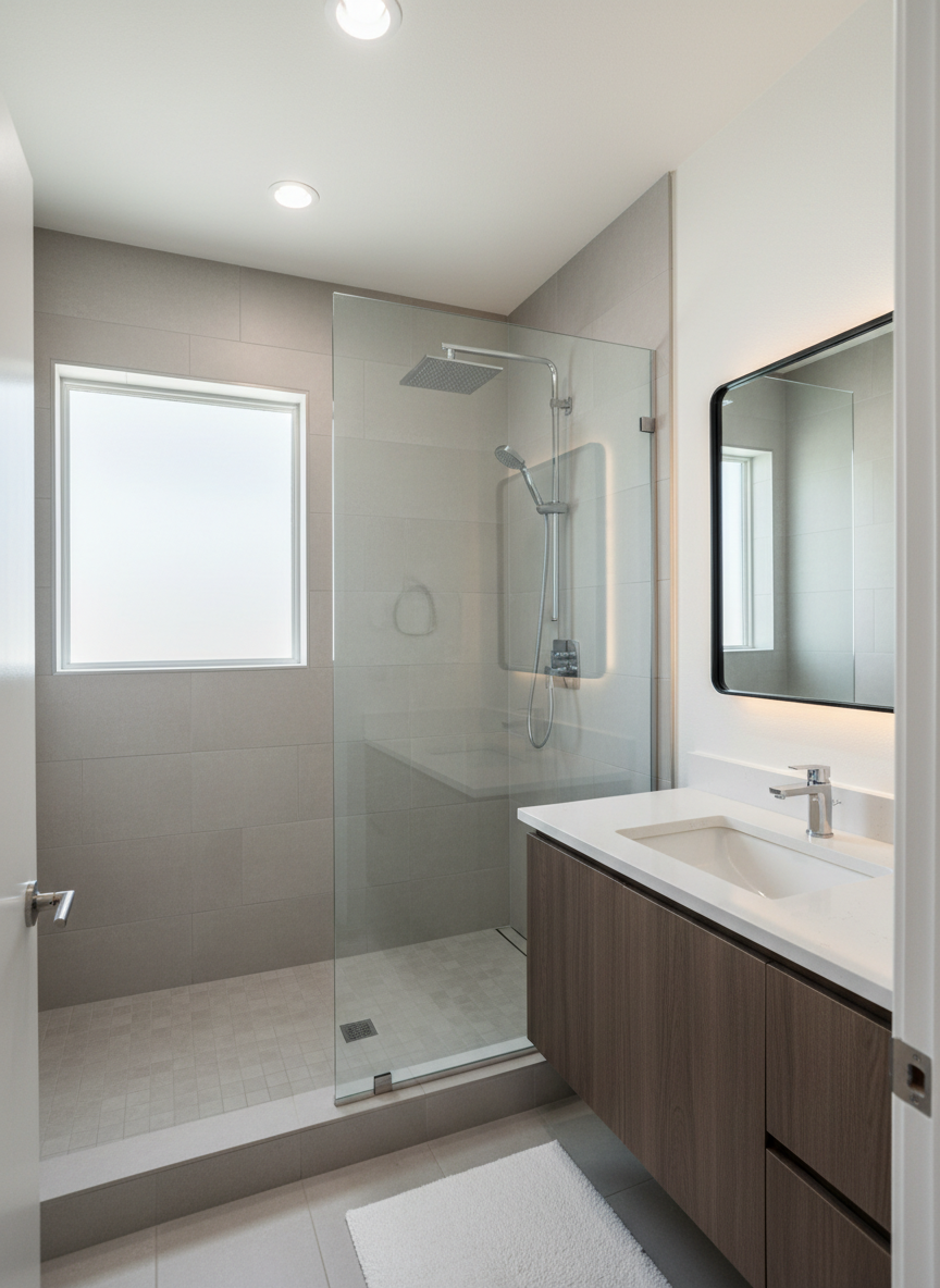 A close-up, wide interior shot of a freshly renovated bathroom in a southwest Oklahoma listing, showcasing a glass-enclosed walk-in shower with large, light-gray porcelain tiles and a sleek chrome rain showerhead. A white quartz-topped vanity with an undermount sink and framed mirror sits adjacent, under soft, warm vanity lights. Natural daylight filters in from a frosted window, creating a gentle, even illumination that highlights the clean lines and modern finishes. Photographed from the doorway at eye level, with controlled perspective to avoid distortion, the composition is balanced and uncluttered. The mood is fresh, hygienic, and upscale, emphasizing attention to detail and move-in ready quality in crisp photographic realism.