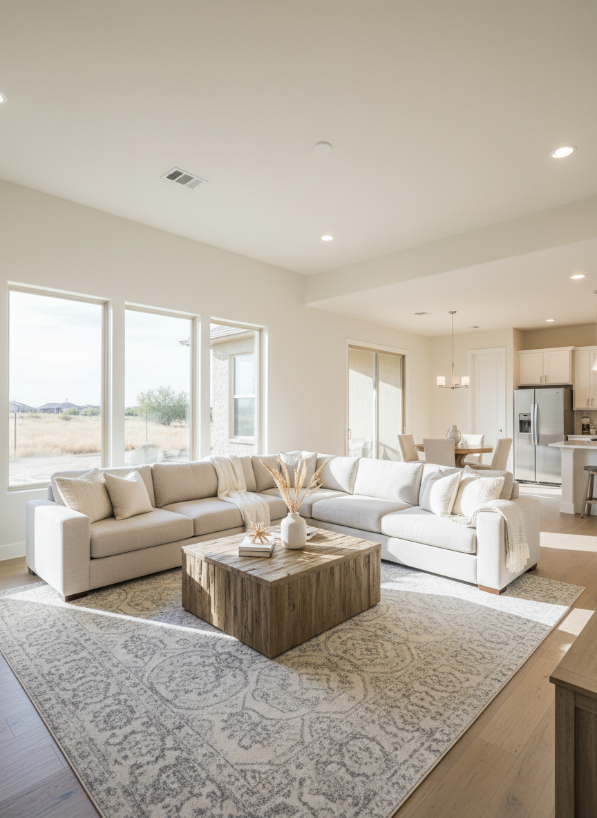 A bright, open-concept living room staged for sale in a southwest Oklahoma home, featuring neutral-toned furniture, a light beige sectional sofa, a rustic wooden coffee table, and a large area rug in soft gray and cream. Wide windows reveal a glimpse of a sunny backyard and let in abundant natural daylight that washes the soft white walls, creating a warm, welcoming glow. Subtle recessed ceiling lights add even illumination. Shot from a slightly elevated corner angle to show the flow into the dining area and kitchen, with sharp focus and clean lines. The atmosphere is modern, inviting, and professional, ideal for showcasing residential interiors in authentic photographic realism.