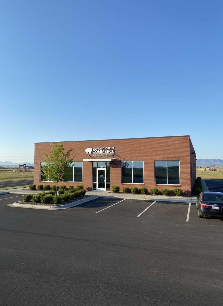 A wide-angle exterior shot of a small commercial property in southwest Oklahoma, featuring a single-story brick building with large front windows and a simple, well-marked entrance. The parking lot is freshly striped, with a few neatly trimmed shrubs and a small tree near the entrance. Early morning sunlight creates crisp shadows along the building’s façade, while the sky is clear and bright. The composition, captured at a slight three-quarter angle from the parking lot, emphasizes accessibility and visibility from the road. The mood is professional and optimistic, suggesting strong potential for local businesses and investment opportunities, all presented in clean, realistic photographic style.
