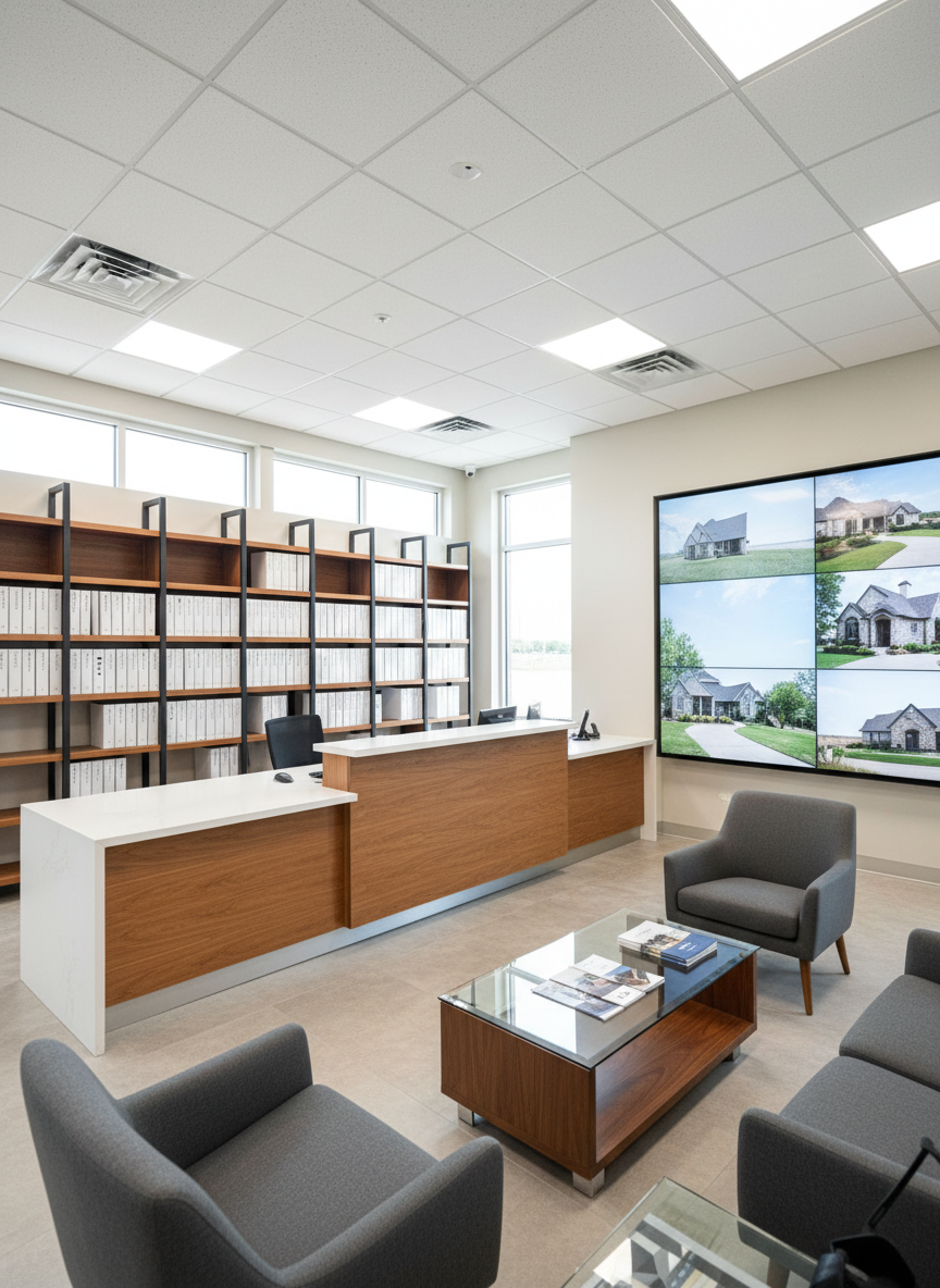 A modern real estate office interior in southwest Oklahoma, with a sleek reception desk in warm wood and white quartz, organized file shelves, and a large digital display wall showing blurred images of homes and landscapes without readable text. The space is illuminated by a combination of natural light from tall front windows and soft, even overhead LED panels, creating a bright, professional atmosphere. A few empty contemporary chairs and a low coffee table with neatly arranged property brochures are visible, with covers turned away to avoid legible words. Captured at eye level with a wide lens, the composition feels open and efficient, emphasizing trust, professionalism, and readiness to serve clients in realistic photographic style.